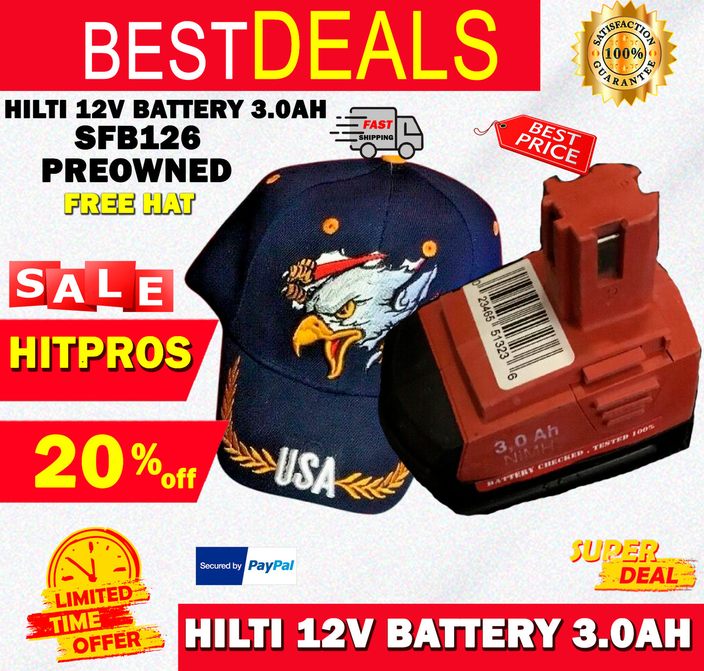 HILTI 12V BATTERY 3.0AH - SFB126, PREOWNED, FREE HAT