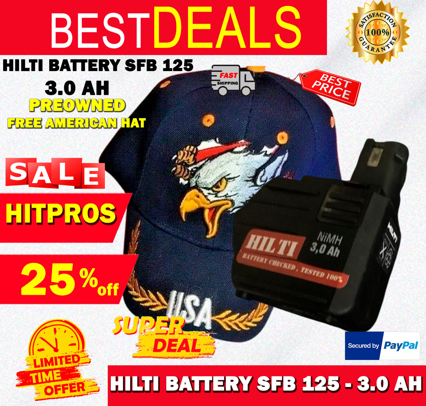 HILTI BATTERY SFB 125 3.0AH, PREOWNED, FREE AMERICAN HAT,