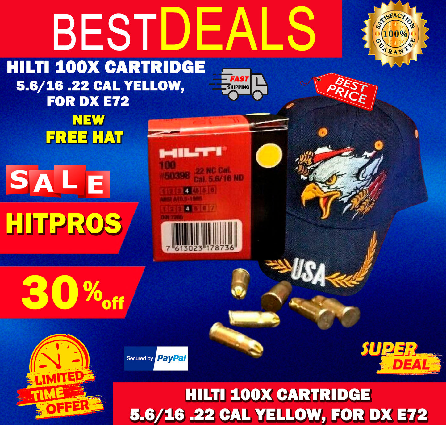 HILTI 100X CARTRIDGE 5.6/16 .22 CAL YELLOW, FOR DX E72, FREE HAT,