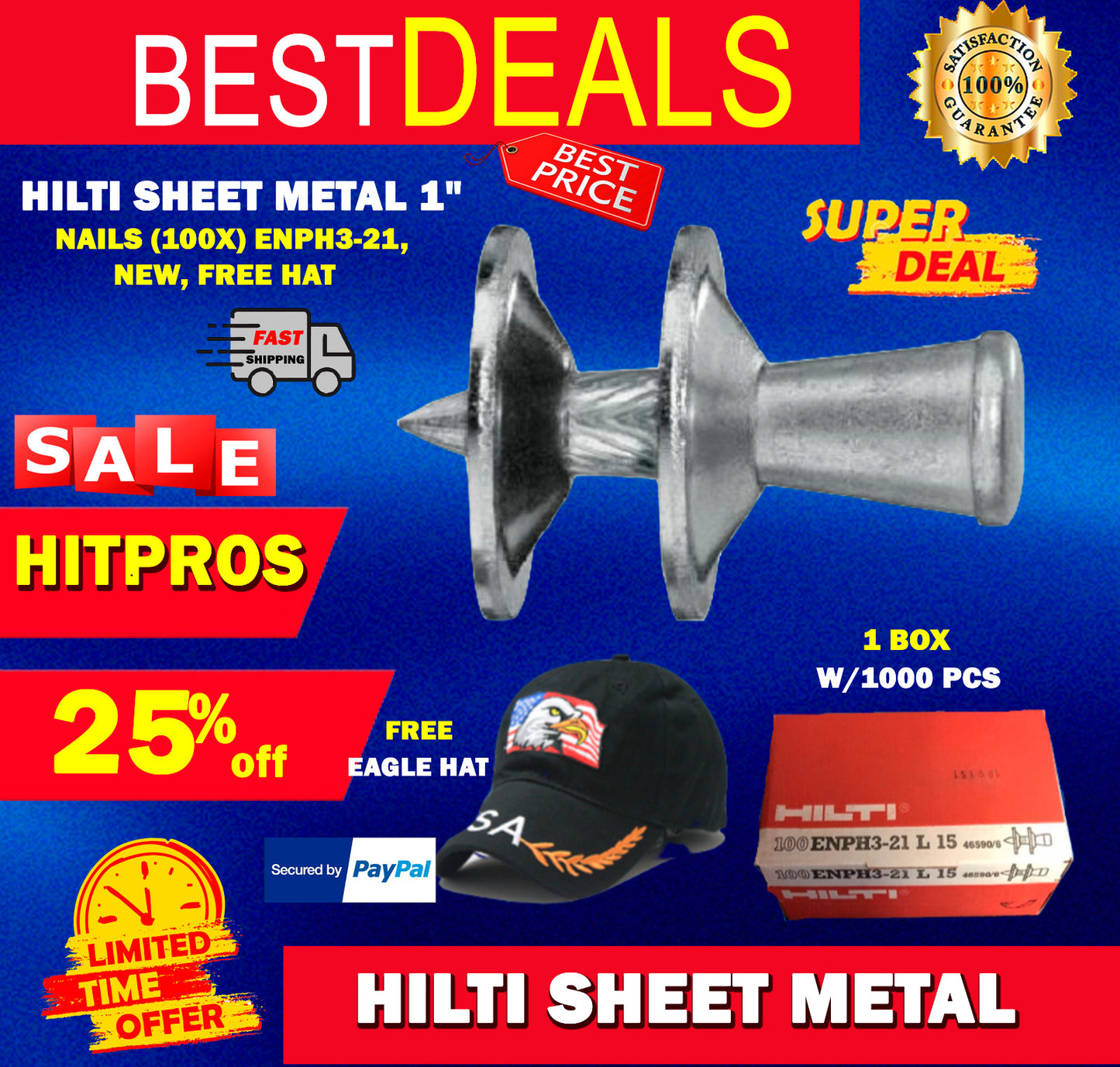 HILTI SHEET METAL 1" NAILS (100X) ENPH3-21, NEW, FREE HAT