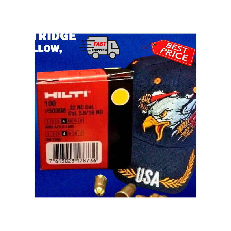 HILTI 100X CARTRIDGE 5.6/16 .22 CAL YELLOW, FOR DX E72, FREE HAT