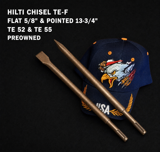 HILTI CHISEL TE F FLAT 5/8" & POINTED 13-3/4", PREOWNED, TE 52, TE 55, AND MORE