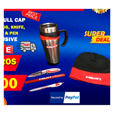 HILTI SKULL CAP, COFFEE MUG, KNIFE, PENCIL AND PEN, EXCLUSIVE