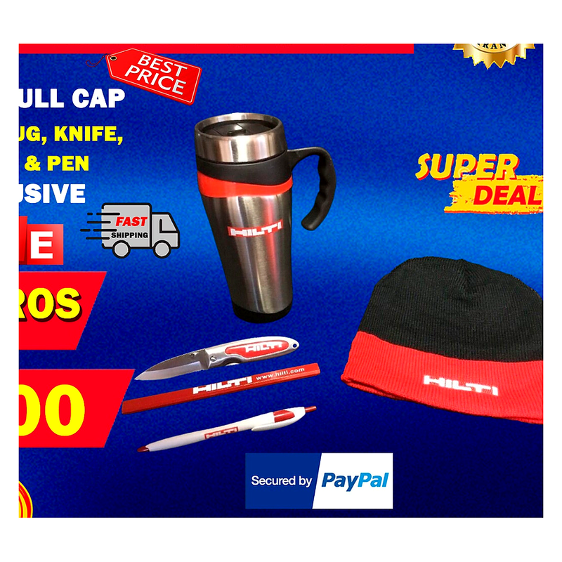 HILTI SKULL CAP, COFFEE MUG, KNIFE, PENCIL AND PEN, EXCLUSIVE