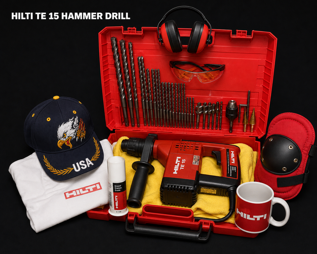 HILTI TE 15 HAMMER DRILL PREOWNED, FREE MUG, BITS, EXTRAS