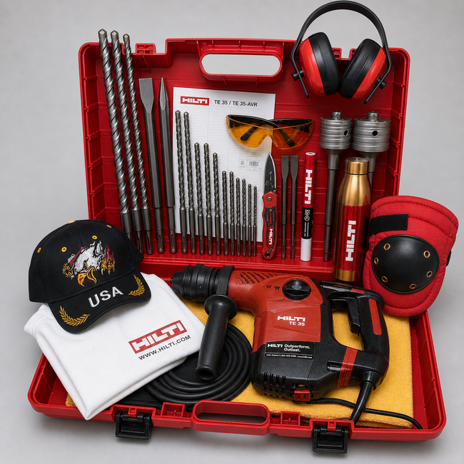 HILTI TE 35 HAMMER DRILL, PREOWNED, FREE BITS & CHISEL, THERMO