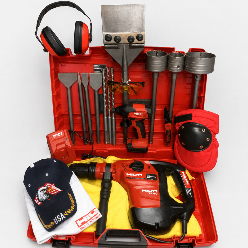 HILTI TE 60 HAMMER, PREOWNED, FREE SID 2-A, BITS, CHISELS, EXTRAS