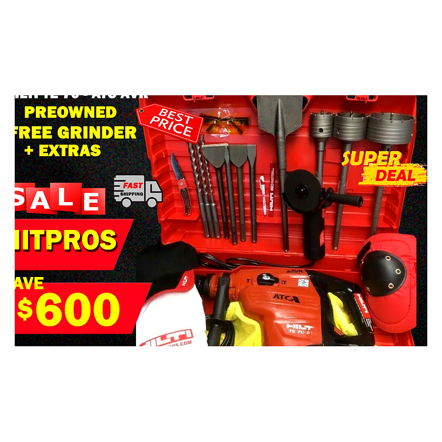 HILTI TE 70 ATC AVR, PREOWNED, FREE GRINDER, BITS, CHISELS, EXTRAS