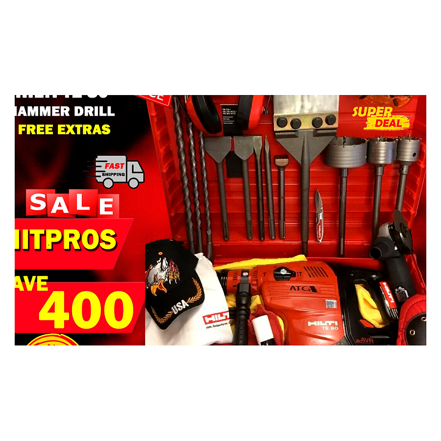 HILTI TE 80 HAMMER DRILL, FREE ANGLE GRINDER, BITS, CHISELS, EXTRAS, FAST SHIP