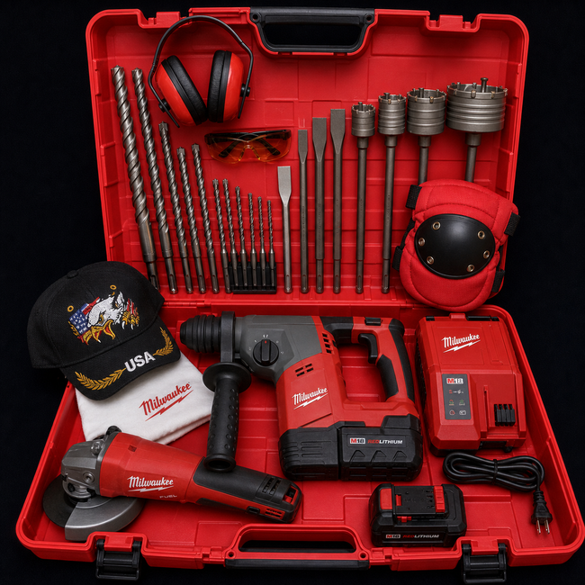 MILWAUKEE CORDLESS HAMMER DRILL, SDS MAX, FREE GRINDER, BUNCH EXTRAS, FAST SHIP