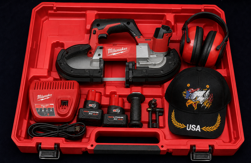 MILWAUKEE M12 CORDLESS BAND SAW, NEW, 2 BATTERIES, FREE GRINDER