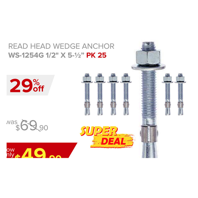 READ HEAD WEDGE ANCHOR WS-1254G 1/2" X 5-1/2” PK 25, FAST SHIPPING