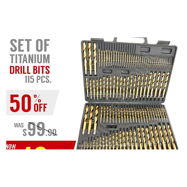 TITANIUM DRILL BITS, SET OF 115 PC, NEW, W/ INDEX CASE