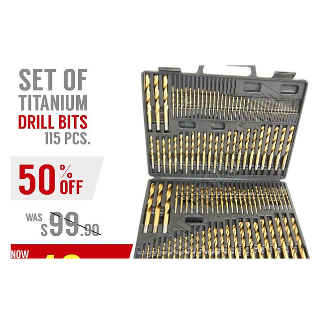 TITANIUM DRILL BITS, SET OF 115 PC, NEW, W/ INDEX CASE