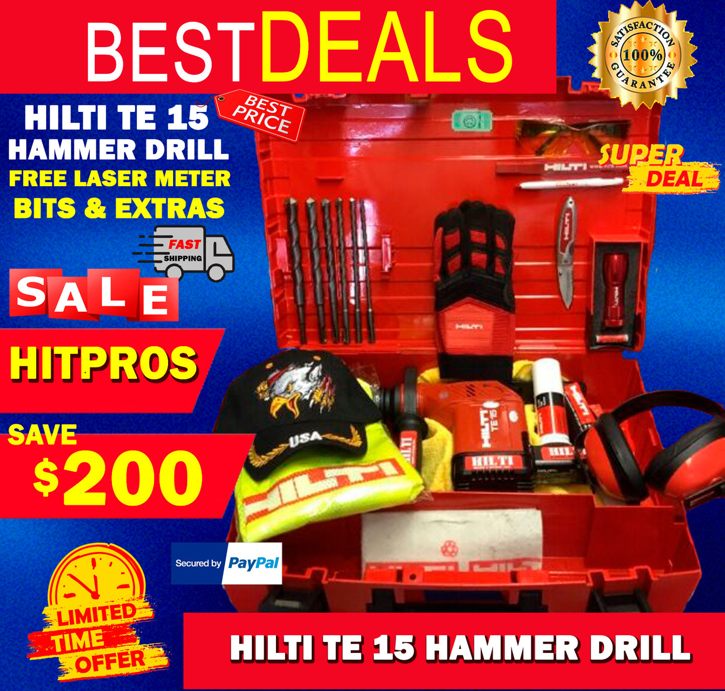 HILTI TE 15 HAMMER DRILL, FREE LASER METER, BITS, EXTRAS