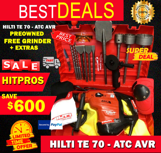 HILTI TE 70 ATC AVR, PREOWNED, FREE GRINDER, BITS, CHISELS, EXTRAS