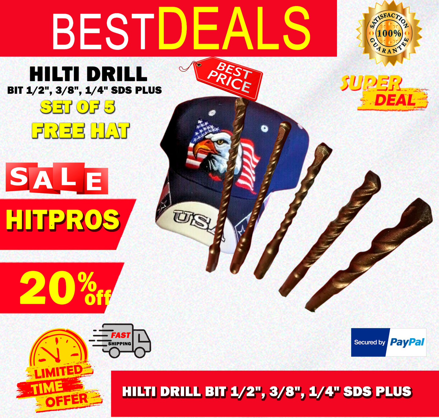 HILTI DRILL BIT 1/2", 3/8", 1/4" SDS PLUS, SET OF 5,