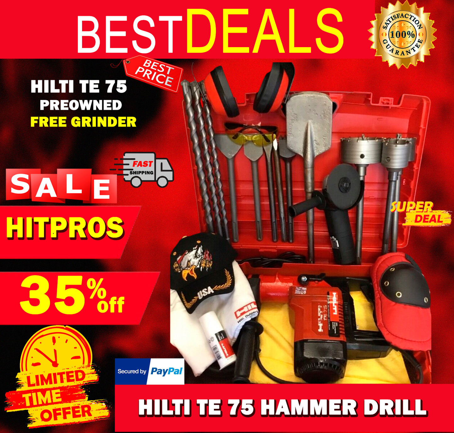 HILTI TE 75 HAMMER DRILL, PREOWNED, FREE GRINDER, A LOT OF EXTRAS