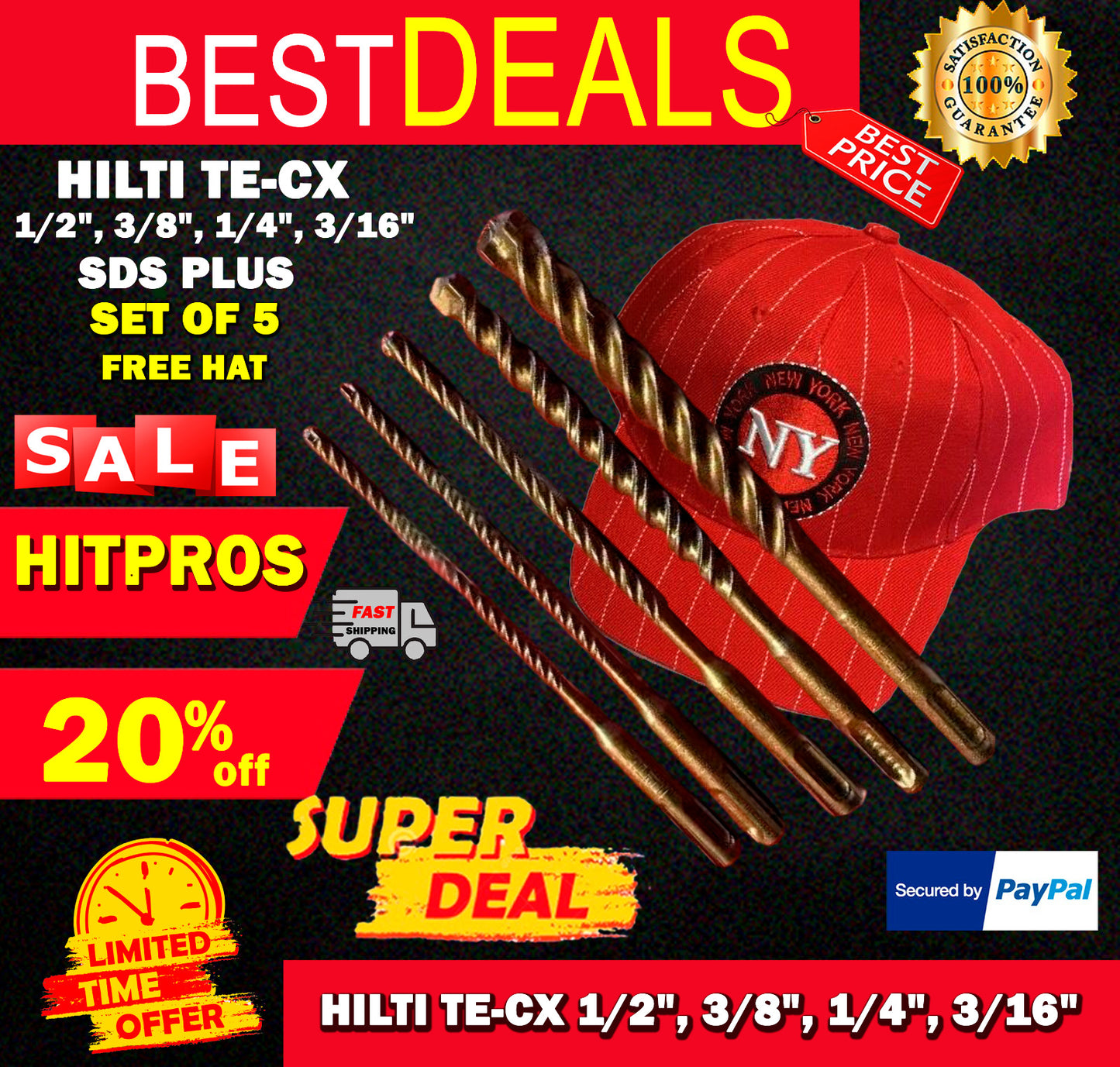 HILTI TE-CX 1/2", 3/8", 1/4", 3/16" SDS PLUS, SET OF 5, FREE HAT, FAST SHIPPING