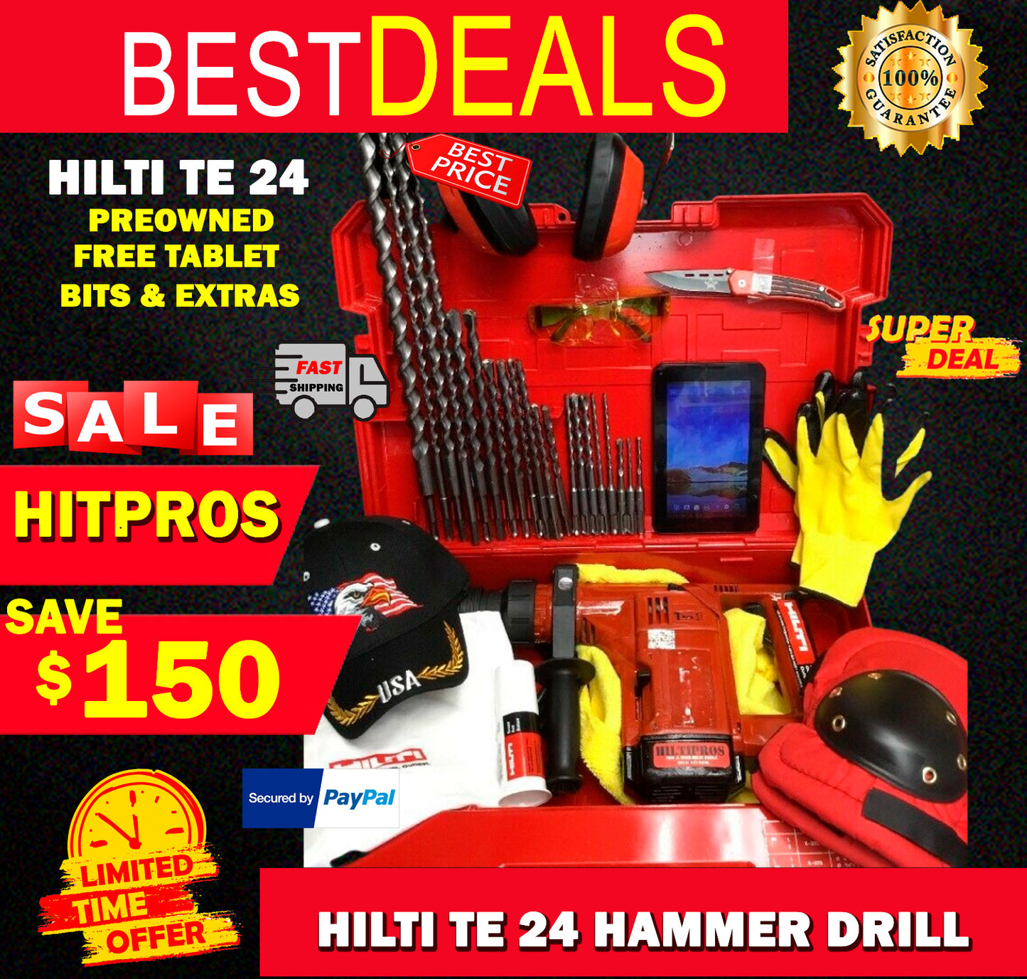 HILTI TE 24 HAMMER DRILL, PREOWNED, FREE TABLET,  BITS, EXTRAS