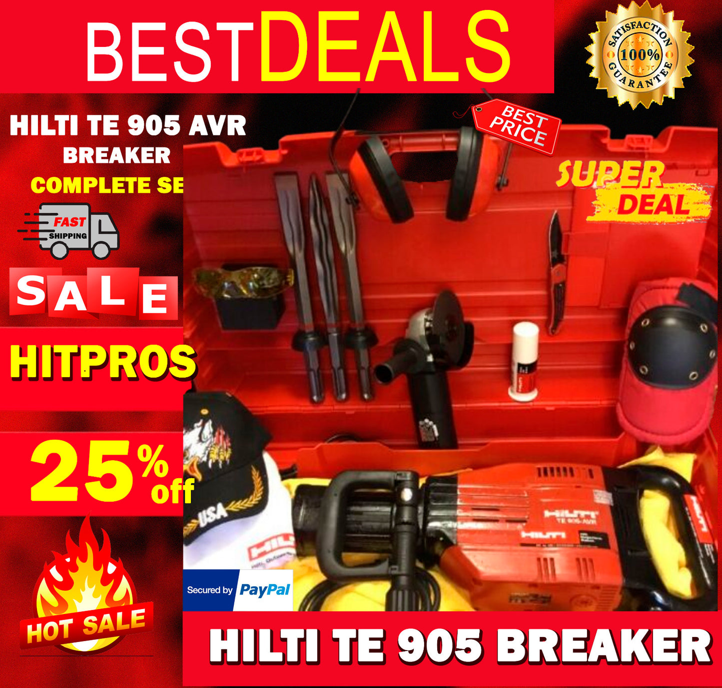 HILTI TE 905-AVR, PREOWNED, FREE ANGLE GRINDER, CHISELS, PLUS EXTRAS, FAST SHIP