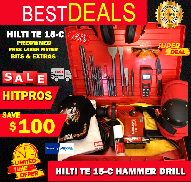 HILTI TE 15-C HAMMER DRILL, PREOWNED, FREE LASER METER, BITS, EXTRAS