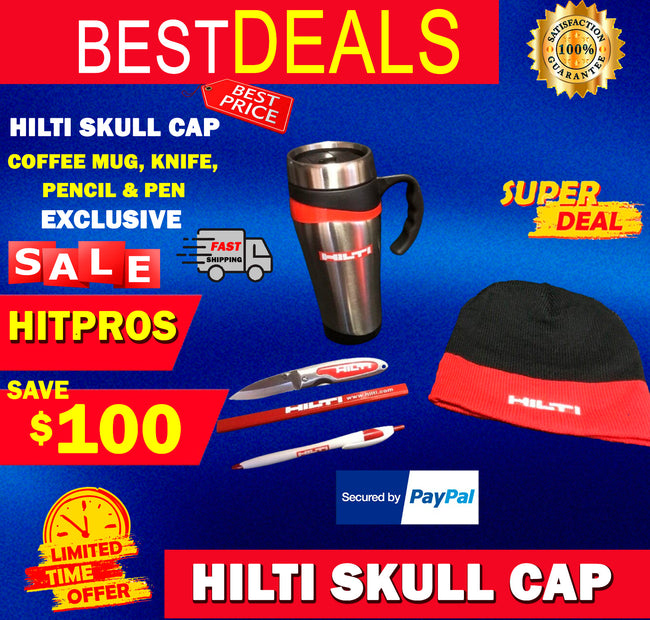 HILTI SKULL CAP, COFFEE MUG, KNIFE, PENCIL AND PEN, EXCLUSIVE