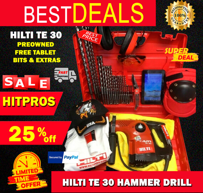 HILTI TE 30 HAMMER DRILL, PREOWNED, FREE TABLET, BITS, A LOT EXTRAS