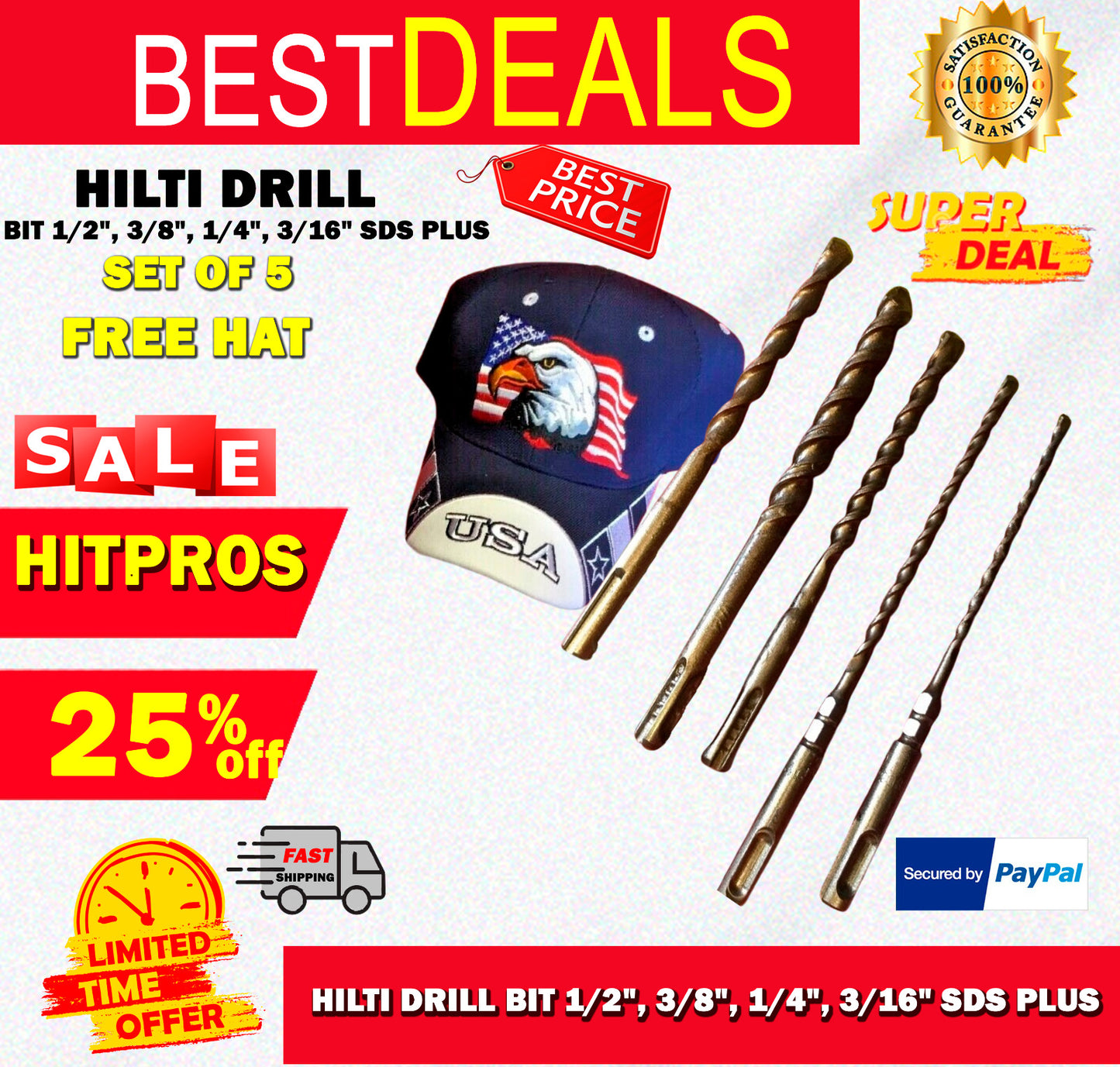 HILTI DRILL BIT 1/2", 3/8", 1/4", 3/16" SDS PLUS, SET OF 5