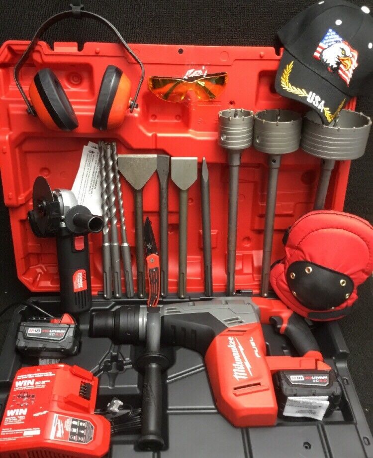 MILWAUKEE CORDLESS HAMMER DRILL, SDS MAX, FREE GRINDER, BUNCH EXTRAS, FAST SHIP