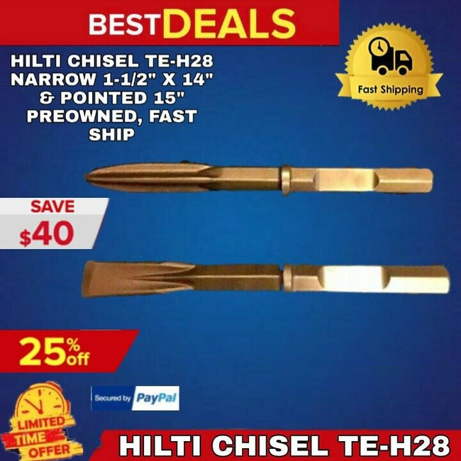 HILTI CHISEL TE-H28 NARROW 1-1/2" X 14" & POINTED 15" PREOWNED,