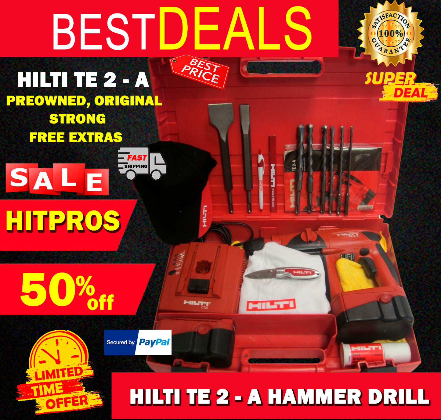 HILTI TE 2 A HAMMER DRILL, PREOWNED, ORIGINAL,FREE EXTRAS, STRONG