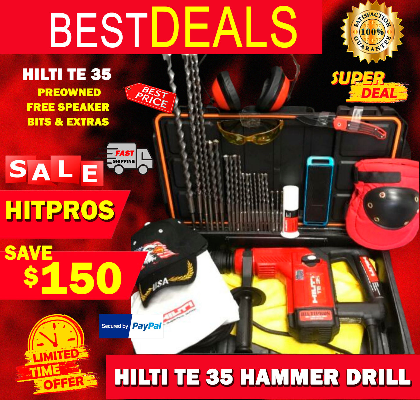 HILTI TE 35 HAMMER DRILL, PREOWNED, FREE SPEAKER,  BITS, EXTRAS