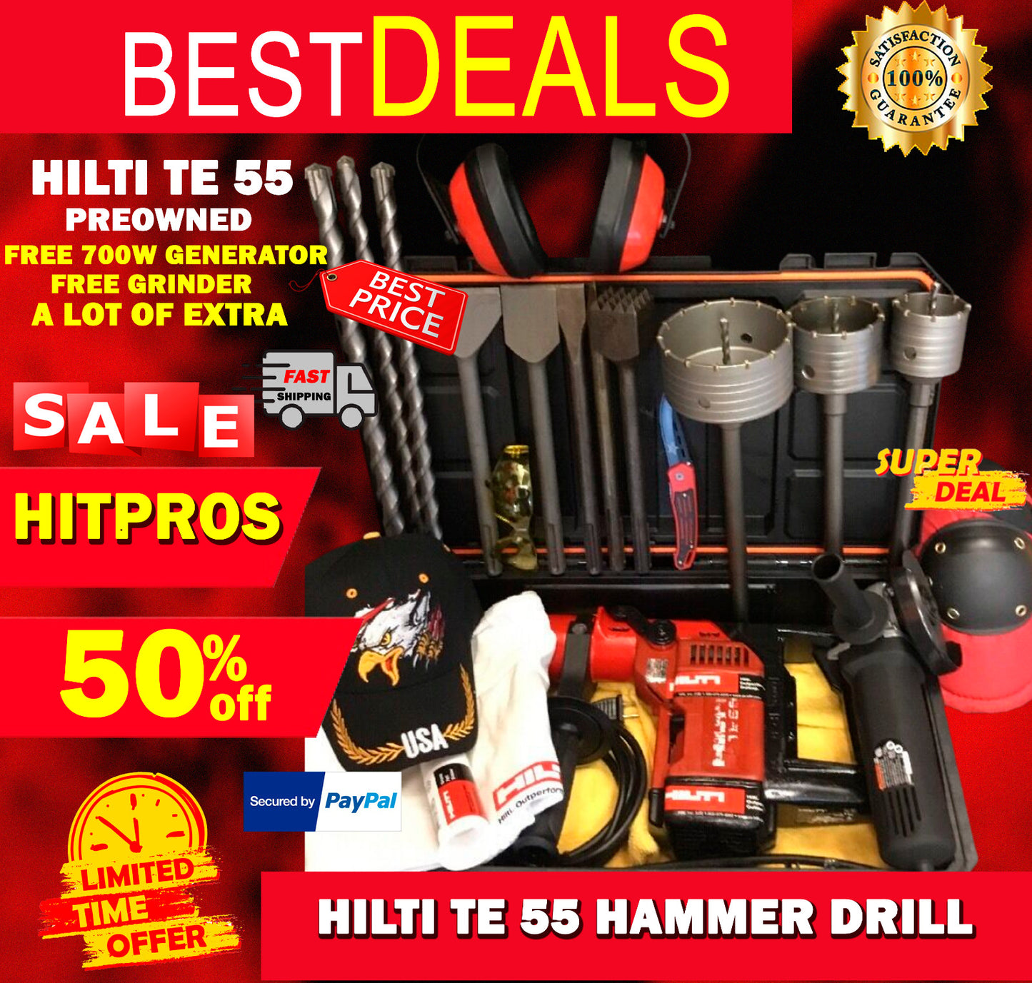 HILTI TE 55 HAMMER DRILL, PREOWNED, FREE GRINDER, A LOT OF EXTRA, FAST SHIP