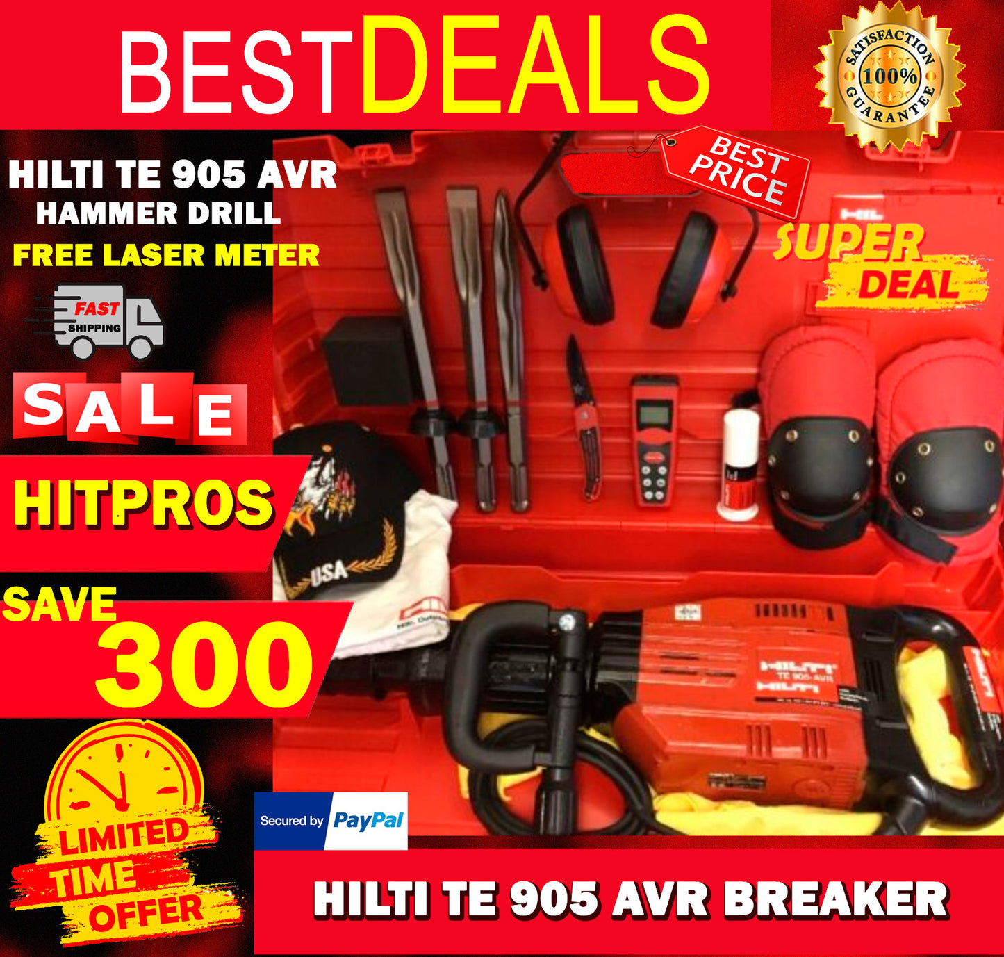 HILTI TE 905 AVR, PREOWNED, FREE LASER METER, CHISELS, PLUS EXTRAS, FAST SHIP