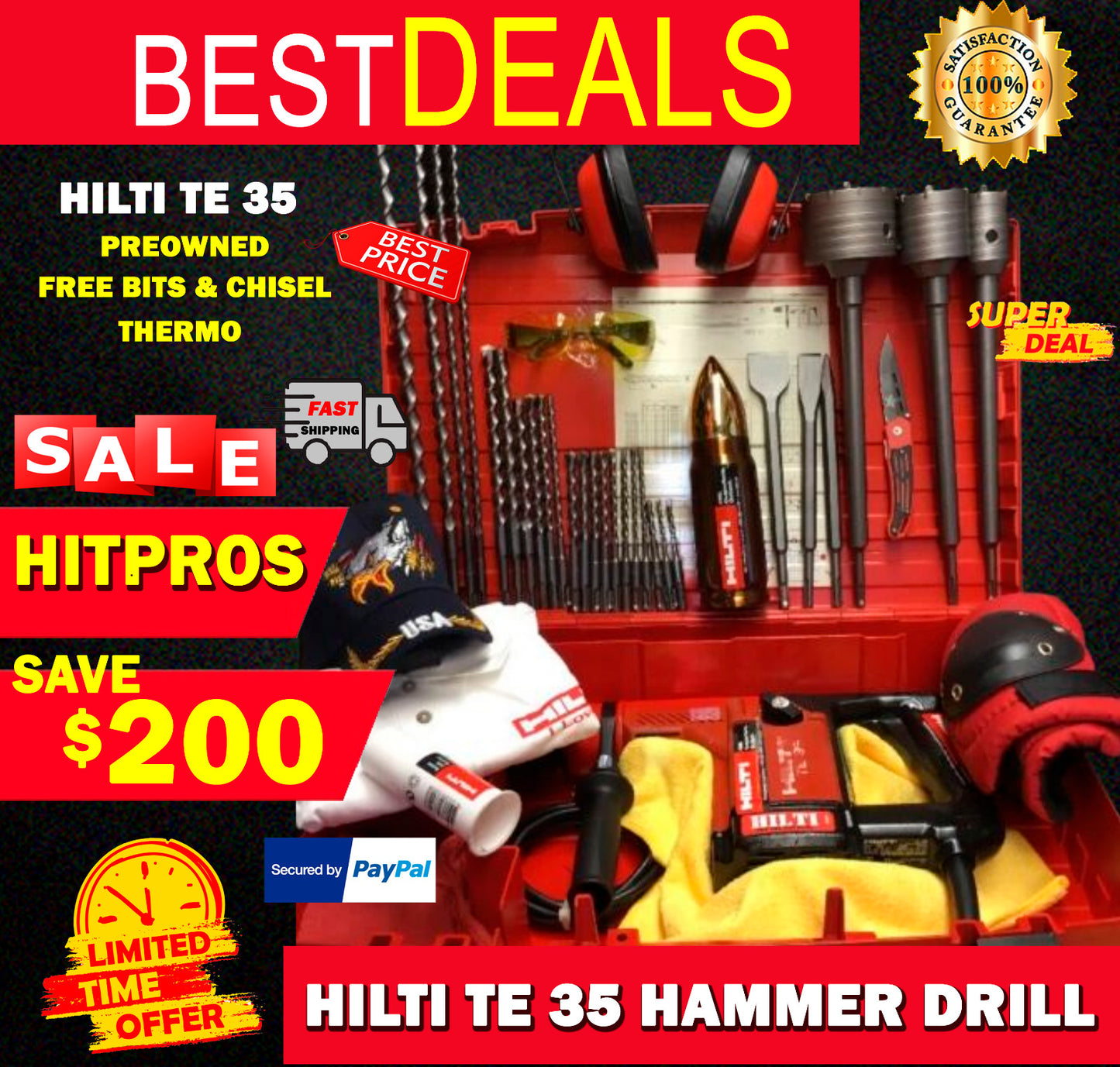 HILTI TE 35 HAMMER DRILL, PREOWNED, FREE BITS & CHISEL, THERMO