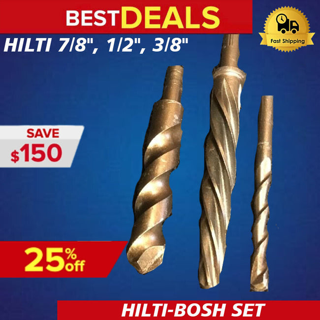 HILTI-BOSH SET OF PERCUSSION BIT 7/8", 1/2", 3/8",PREOWNED, FREE HAT