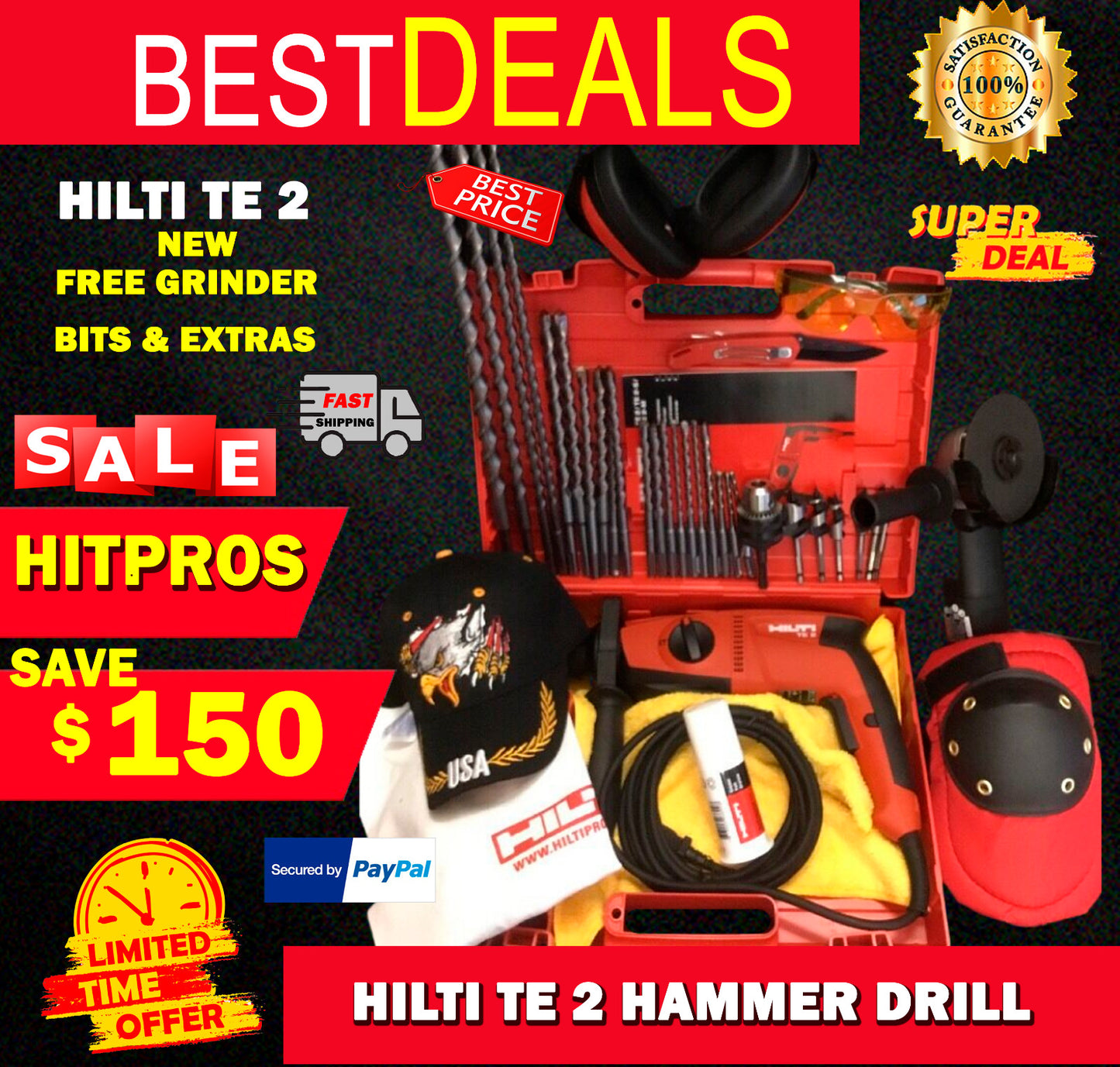 HILTI TE 2 HAMMER DRILL, NEW, FREE GRINDER, BITS, A LOT OF EXTRAS