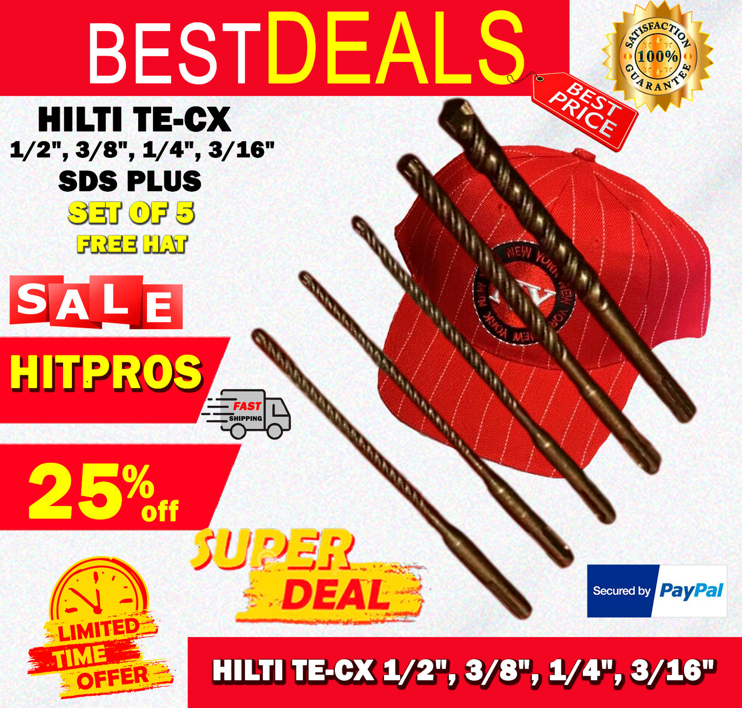 HILTI TE-CX 1/2", 3/8", 1/4", 3/16" SDS PLUS, SET OF 5, FREE HAT, FAST SHIP