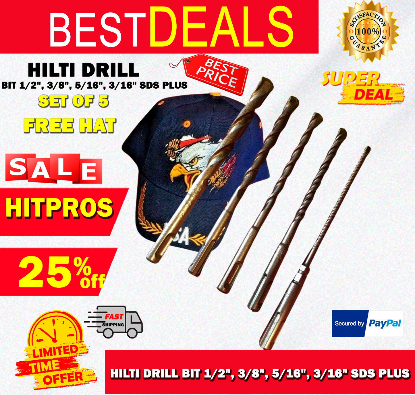 HILTI DRILL BIT 1/2", 3/8", 5/16", 3/16" SDS PLUS SET OF 5,