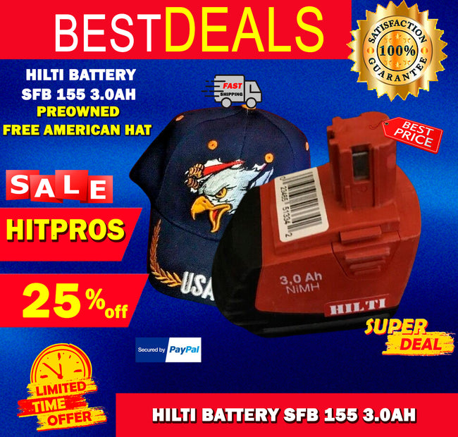 HILTI BATTERY SFB 155 3.0AH, PREOWNED, FREE AMERICAN HAT