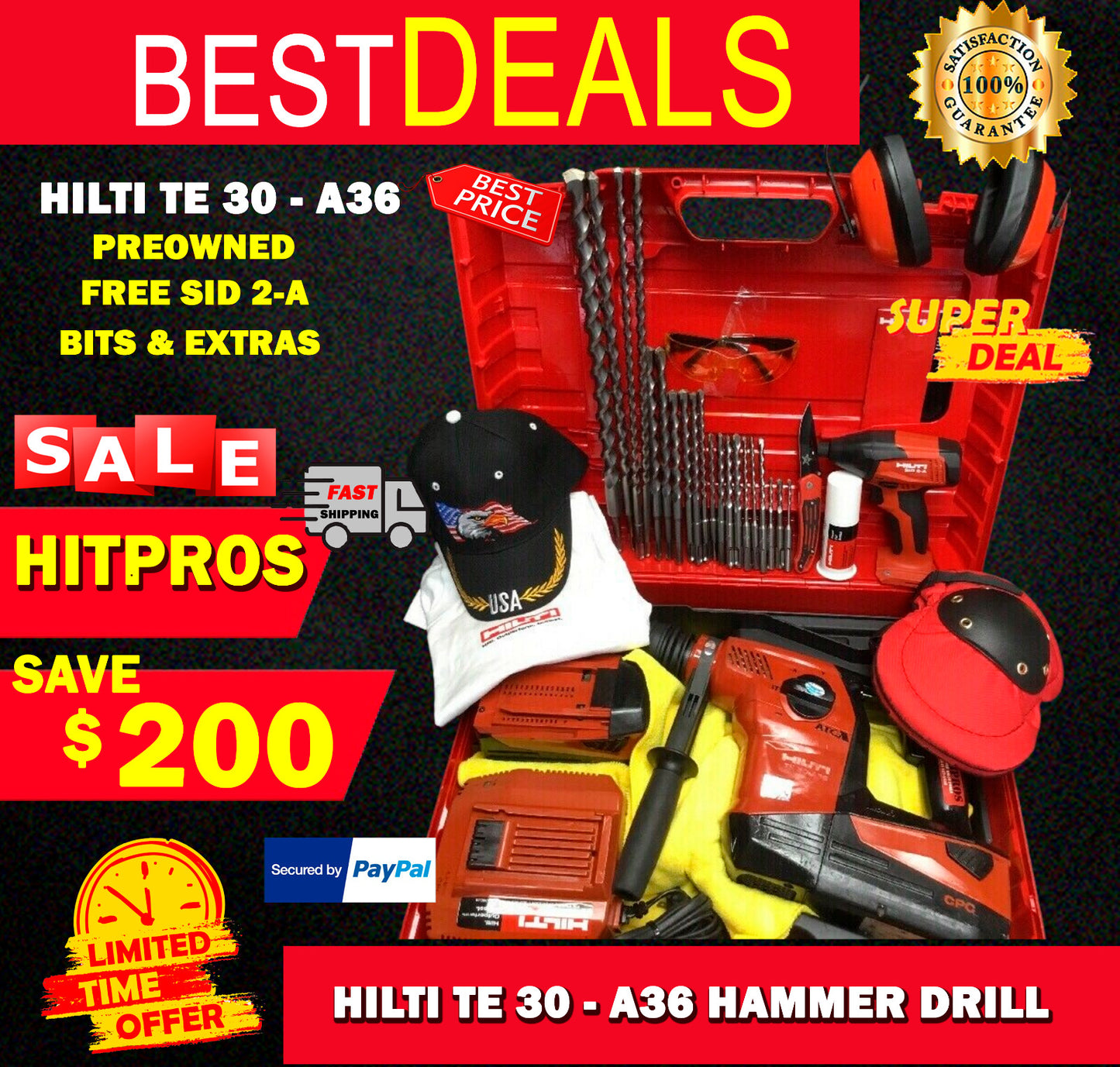 HILTI TE 30-A36 HAMMER DRILL, PREOWNED, FREE SID 2-A, BITS, EXTRAS