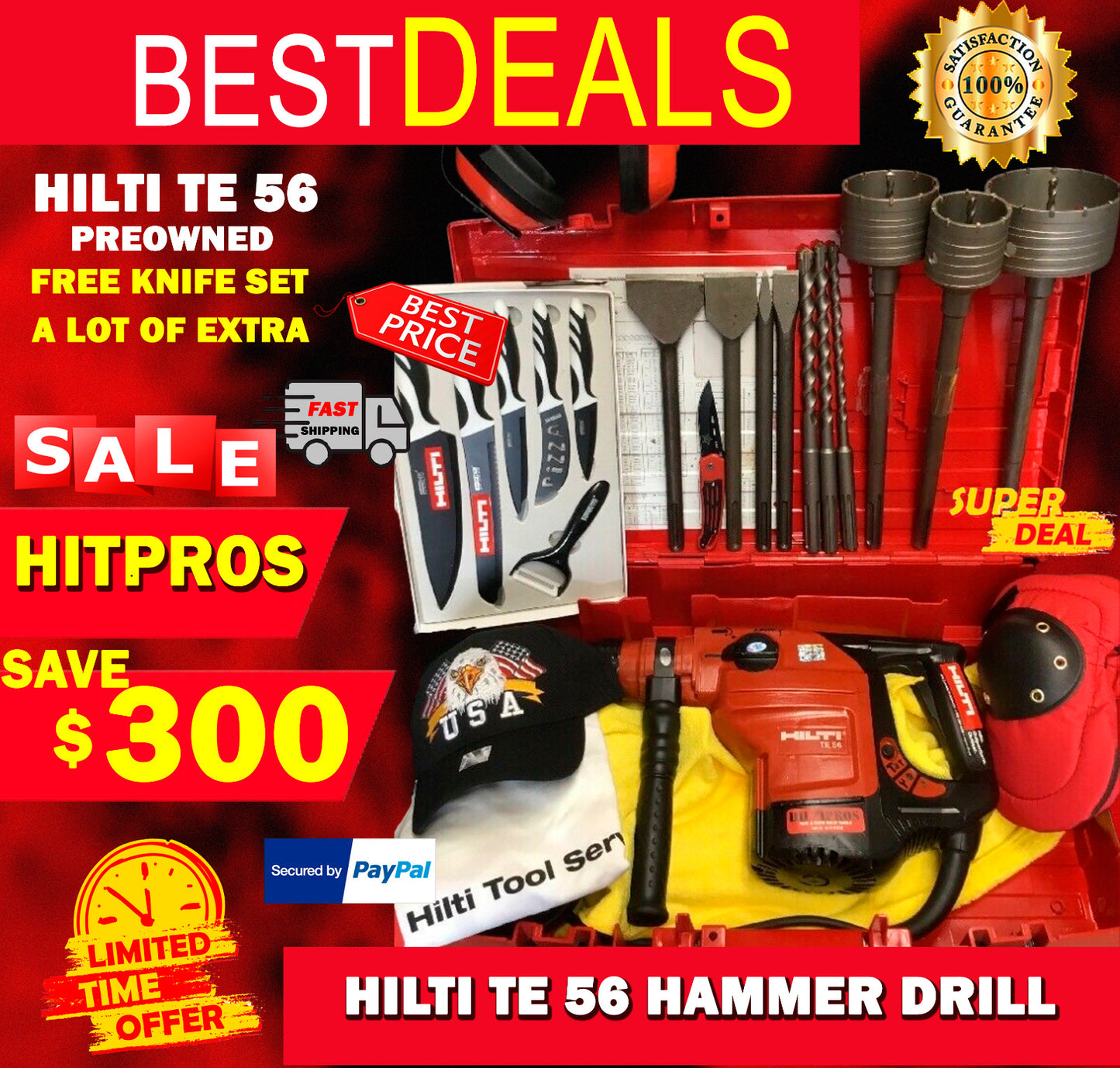 HILTI TE 56 HAMMER DRILL, PREOWNED, FREE KNIFE SET, A LOT OF EXTRAS, FAST SHIP