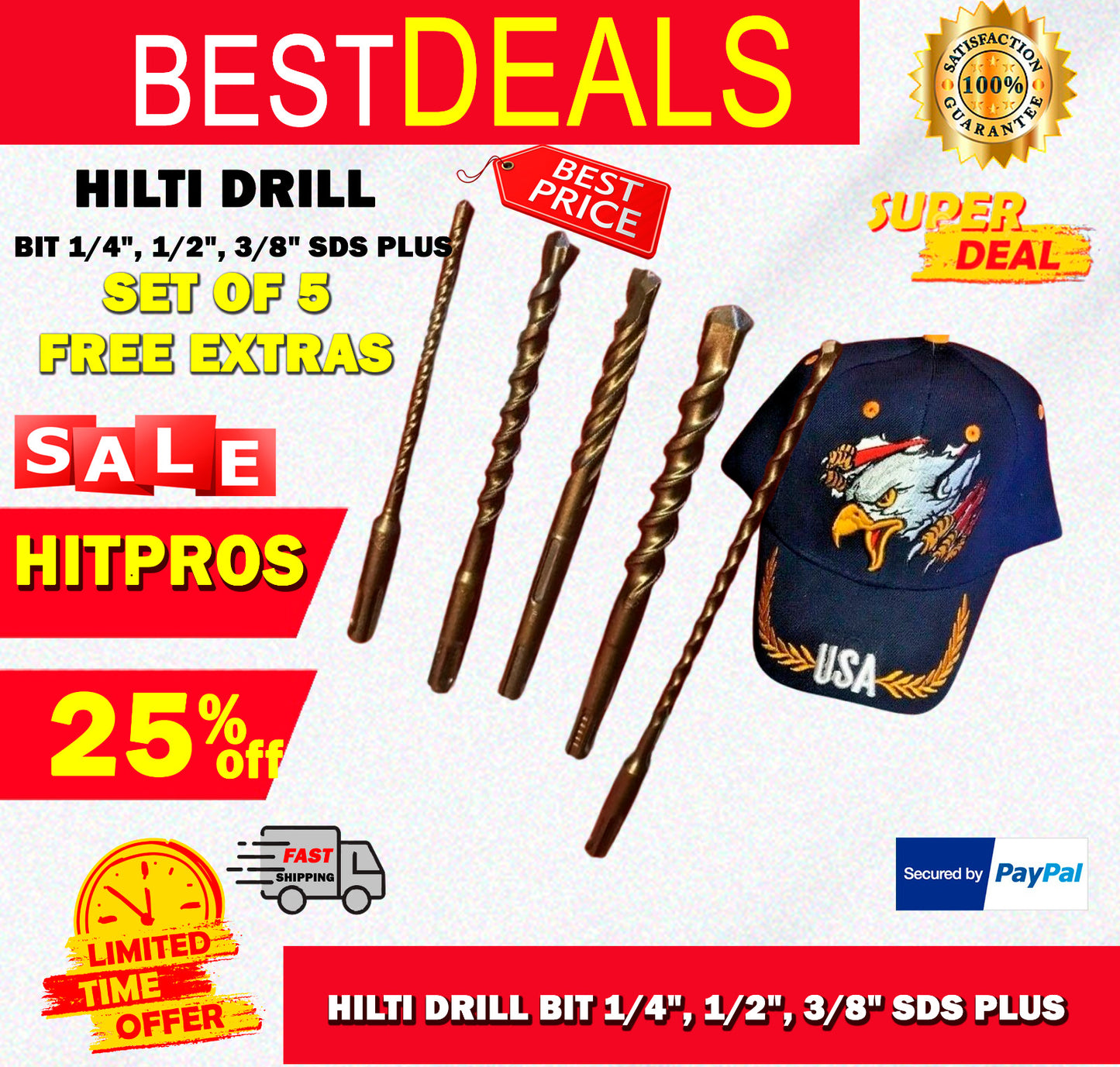 HILTI DRILL BIT 1/4", 1/2", 3/8" SDS PLUS, SET OF 5,