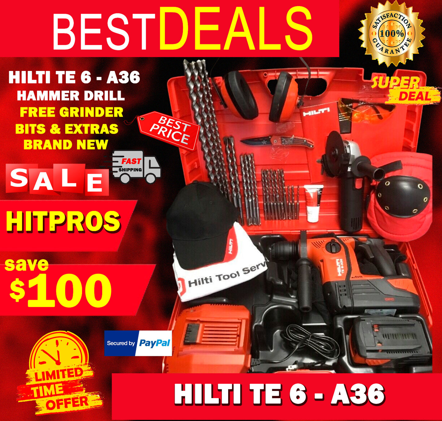 HILTI TE 6 A-36 HAMMER DRILL, NEW, FREE GRINDER, BITS, A LOT EXTRAS, FAST SHIP