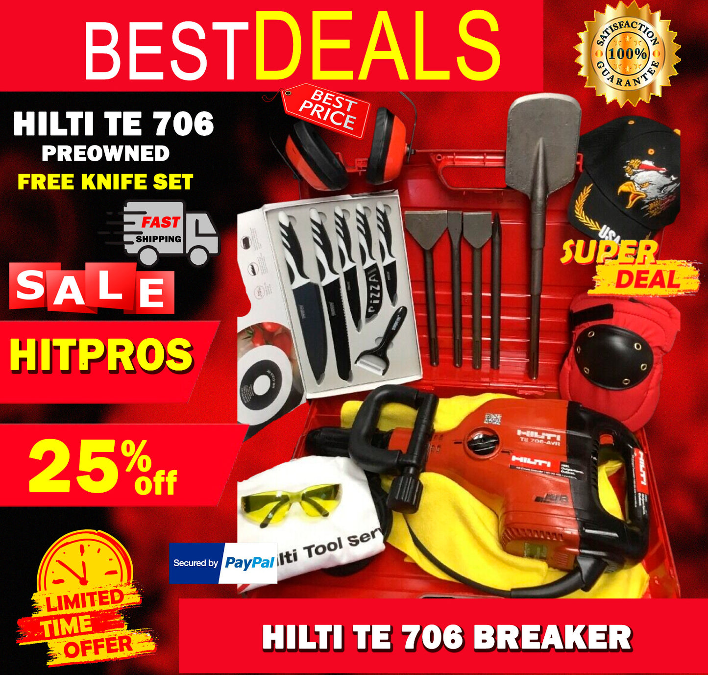 HILTI TE 706 BREAKER, PREOWNED, FREE KNIFE SET, CHISELS, EXTRAS