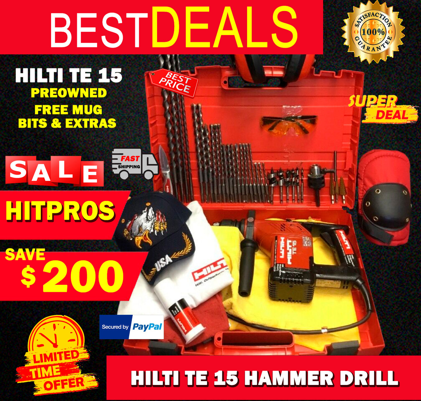 HILTI TE 15 HAMMER DRILL PREOWNED, FREE MUG, BITS, EXTRAS