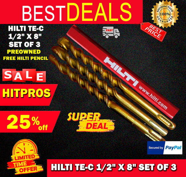 HILTI TE-C 1/2" X 8", SET OF 3, PREOWNED, FREE PENCIL,FAST SHIP