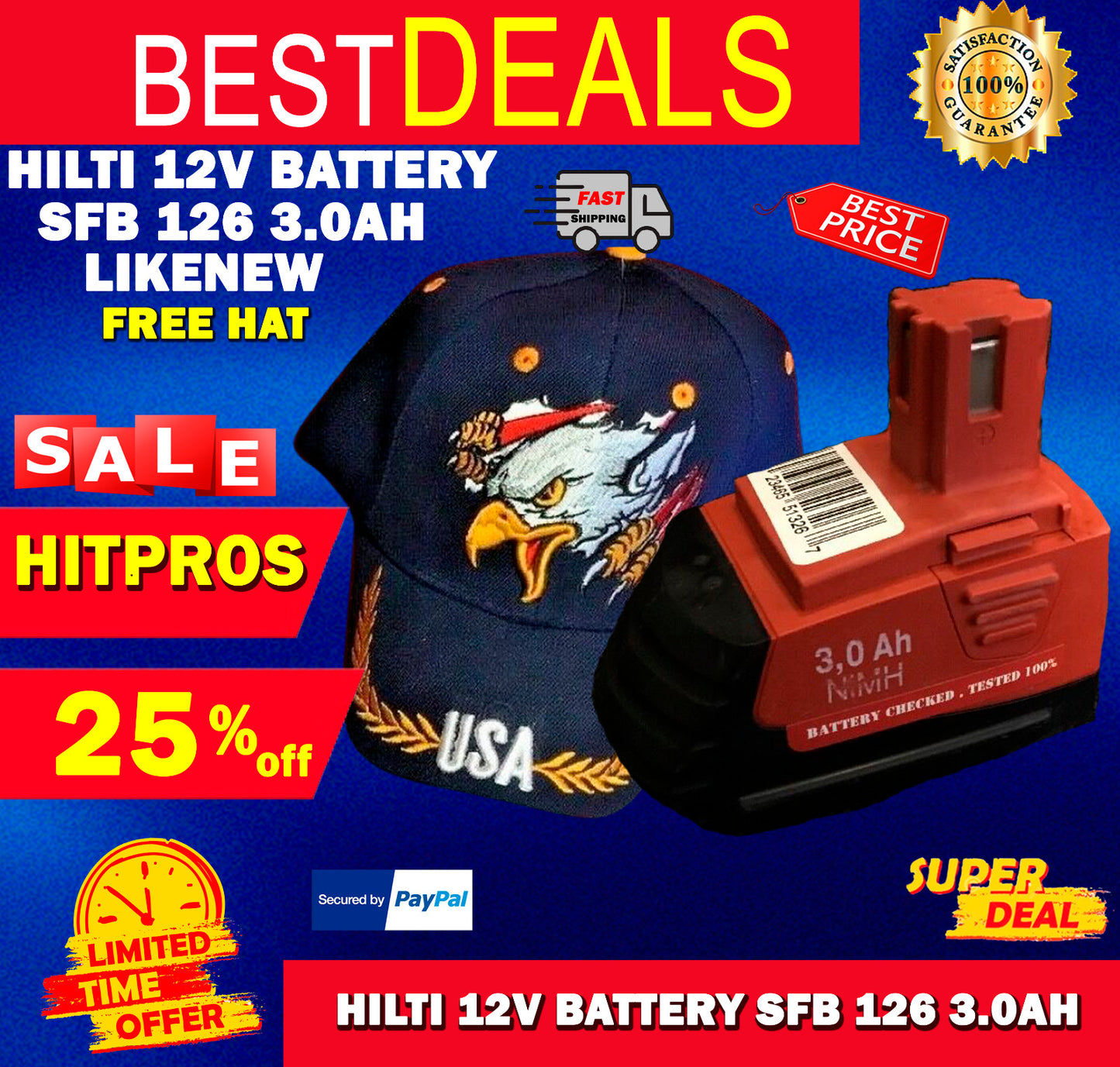 HILTI 12V BATTERY SFB 126 3.0AH, LIKENEW, FREE HAT,