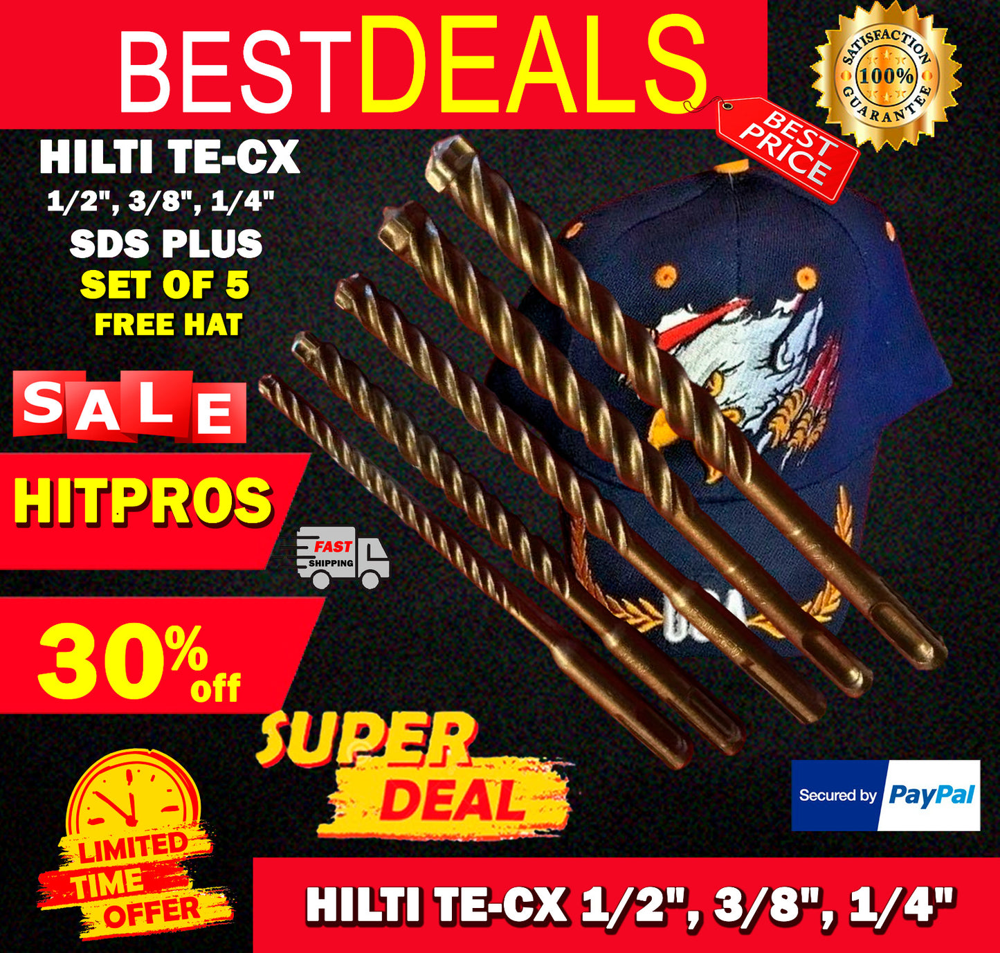 HILTI TE-CX 1/2", 3/8", 1/4" SDS PLUS, SET OF 5, PREOWNED, FREE HAT, FAST SHIP